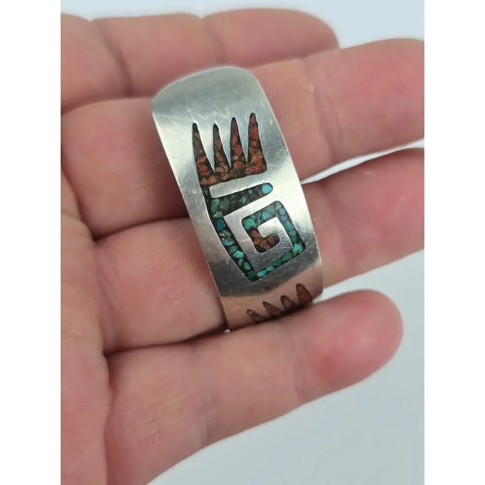 Navajo Sterling Silver Crushed Chip Turquoise & Coral Flush Cuff Bracelet 7.5